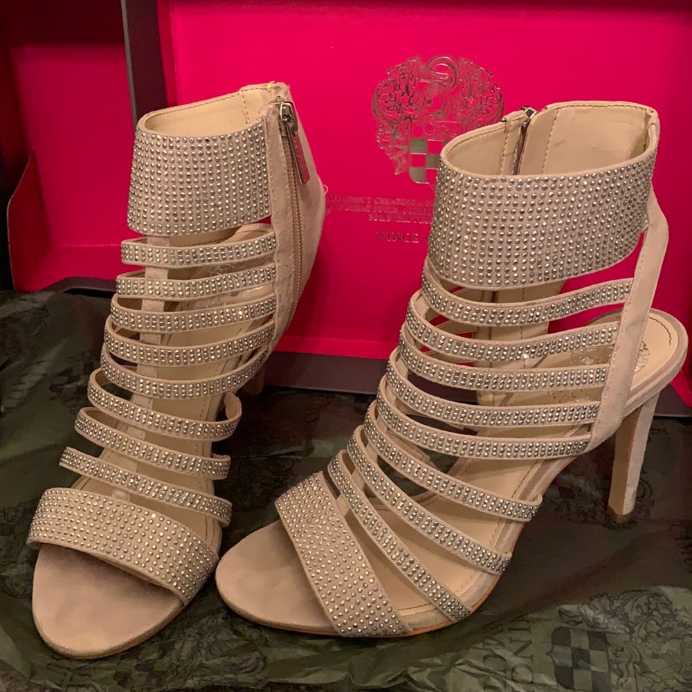 Sequin studded open toe nude heels Vince Camuto